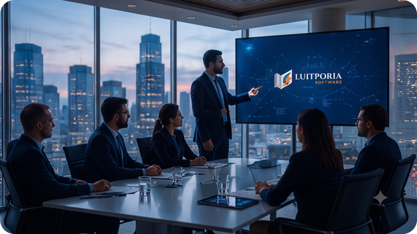 Luitporia team presenting in a modern boardroom