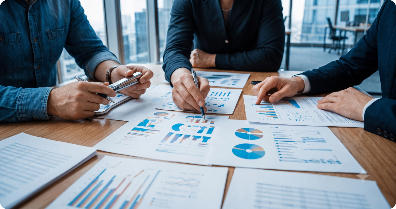Consultants reviewing business charts and data