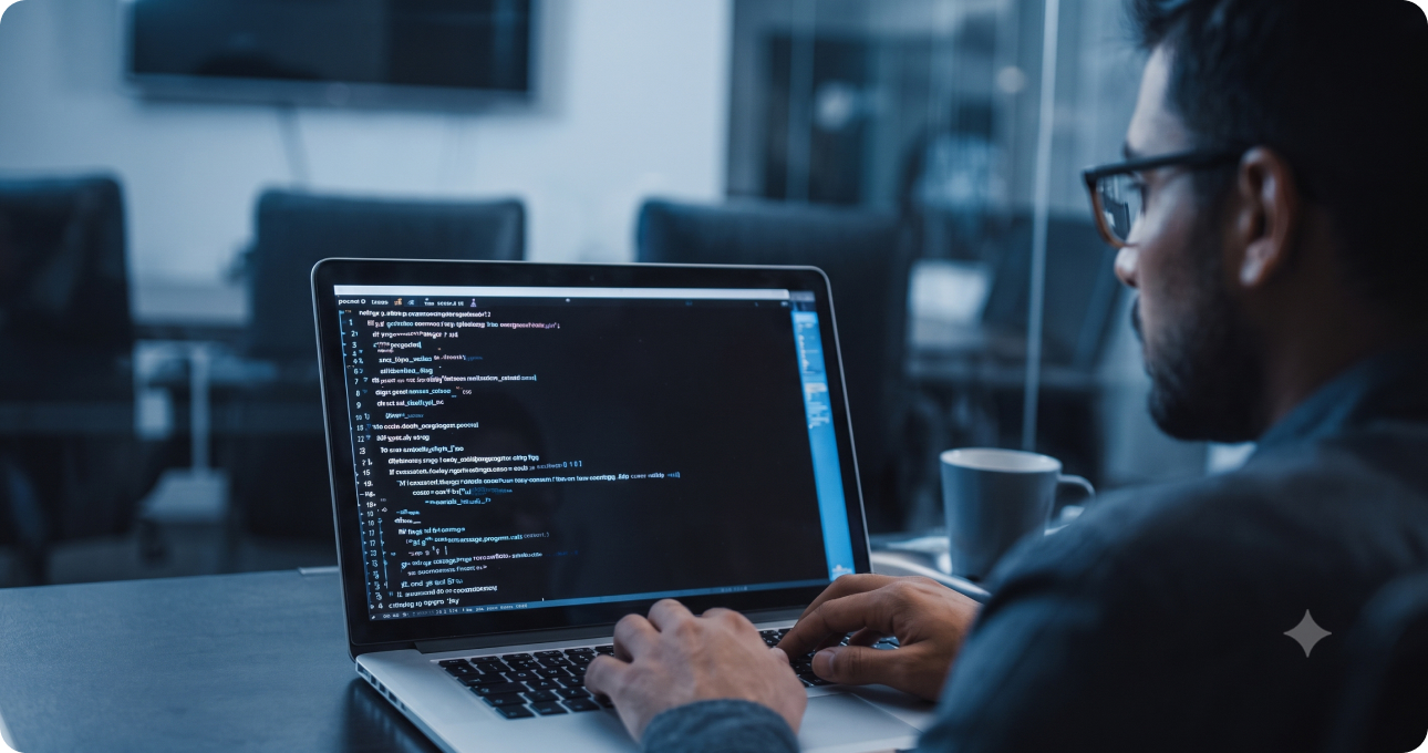 Developer reviewing code on a laptop